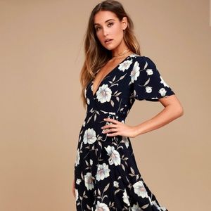 Lulus Navy Floral Print High-Low Wrap Dress